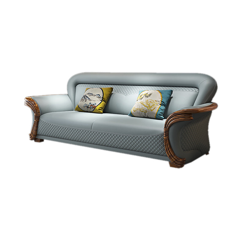 Solid Wood Contemporary Genuine Leather Flared Arm Sofa with Pillows