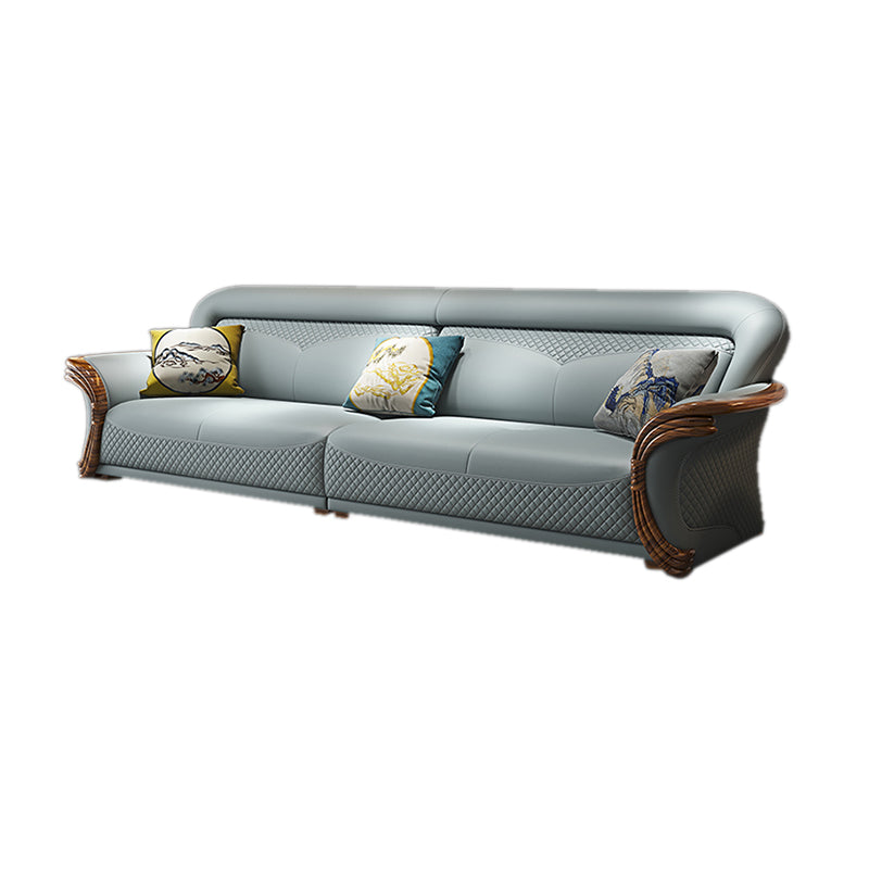 Solid Wood Contemporary Genuine Leather Flared Arm Sofa with Pillows