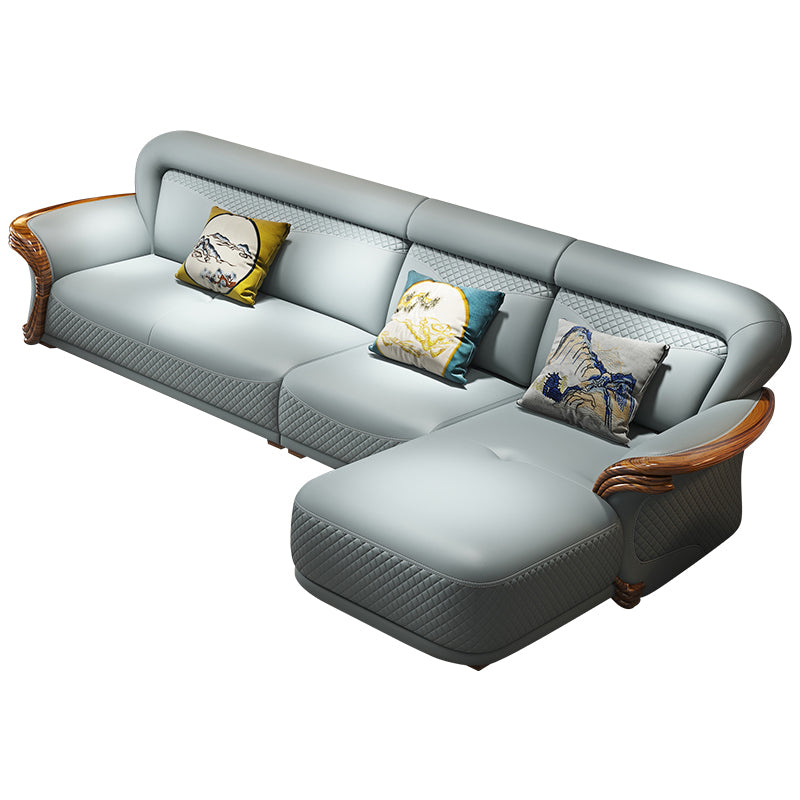 Solid Wood Contemporary Genuine Leather Flared Arm Sofa with Pillows