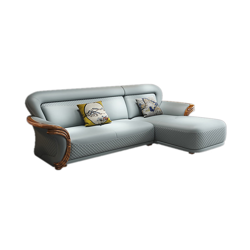 Solid Wood Contemporary Genuine Leather Flared Arm Sofa with Pillows