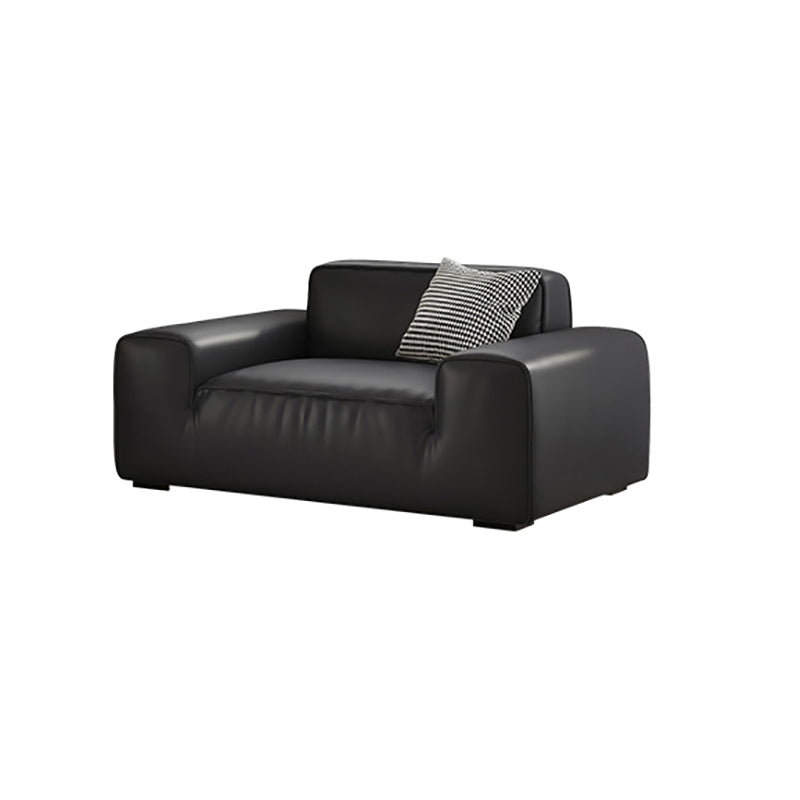 Contemporary Black Genuine Leather Square Arm Sofa with Pillows