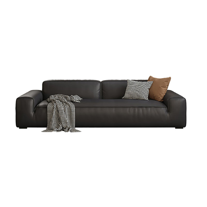 Contemporary Black Genuine Leather Square Arm Sofa with Pillows