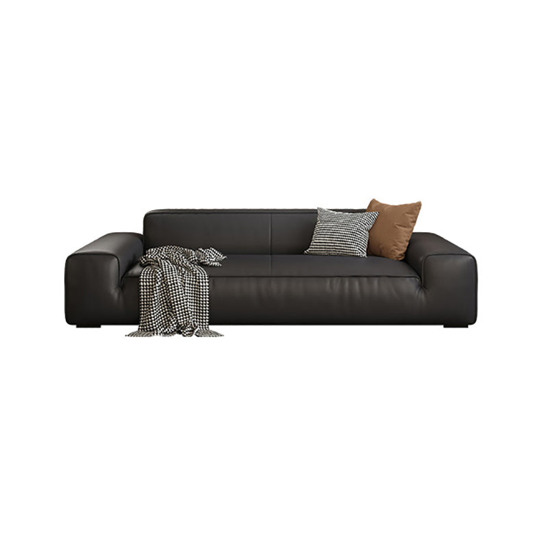 Contemporary Black Genuine Leather Square Arm Sofa with Pillows