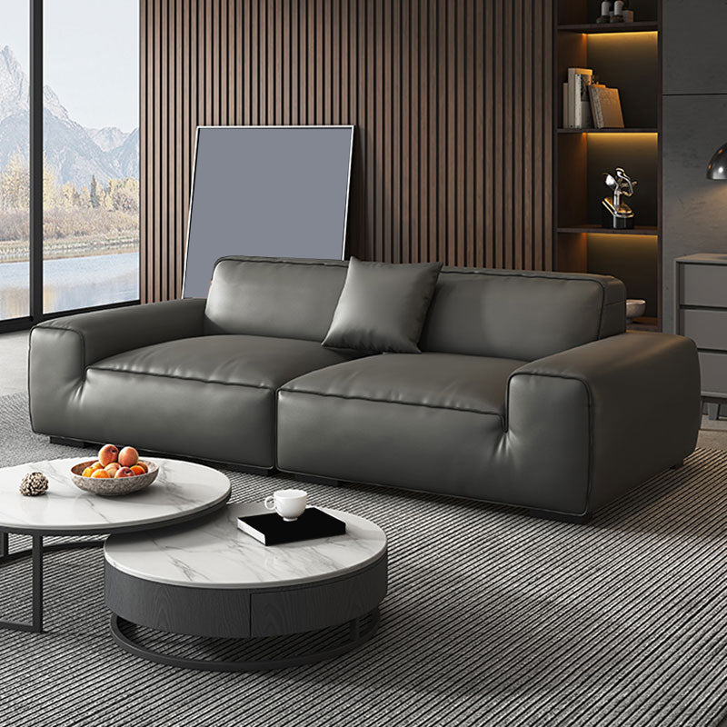 Contemporary Black Genuine Leather Square Arm Sofa with Pillows