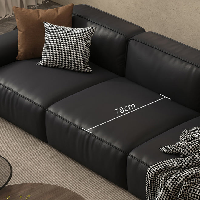 Contemporary Black Genuine Leather Square Arm Sofa with Pillows