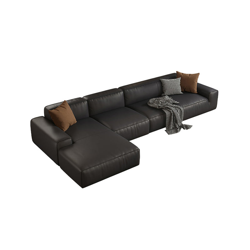 Contemporary Black Genuine Leather Square Arm Sofa with Pillows