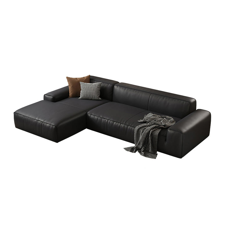 Contemporary Black Genuine Leather Square Arm Sofa with Pillows