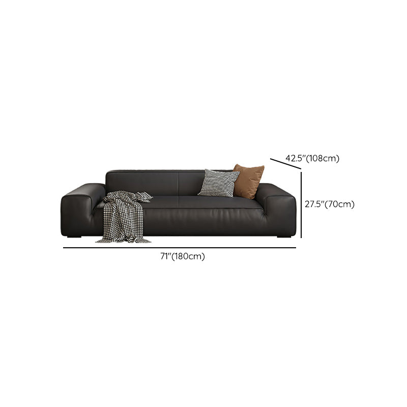 Contemporary Black Genuine Leather Square Arm Sofa with Pillows