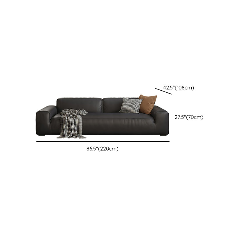 Contemporary Black Genuine Leather Square Arm Sofa with Pillows
