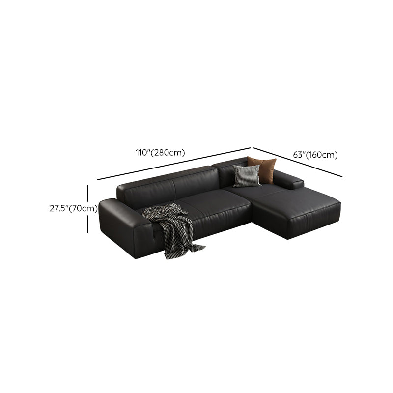Contemporary Black Genuine Leather Square Arm Sofa with Pillows