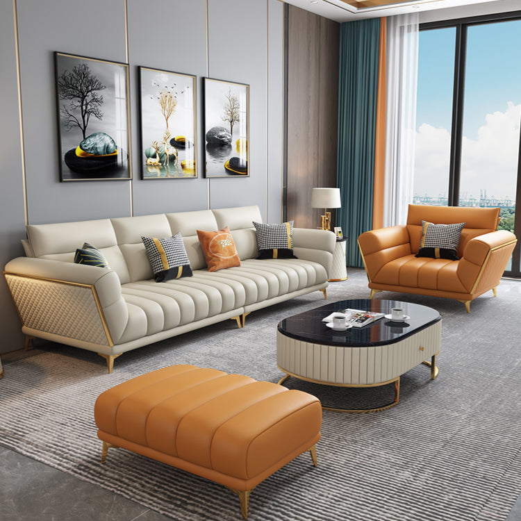 Solid Wood Glam Genuine Leather Flared Arm Sofa with Pillows