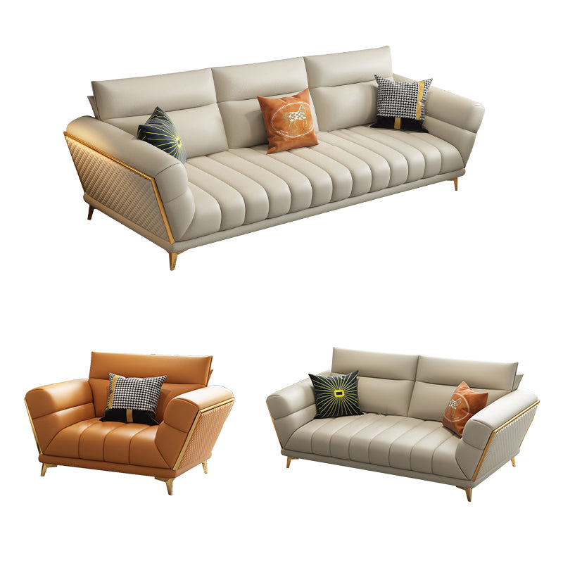 Solid Wood Glam Genuine Leather Flared Arm Sofa with Pillows