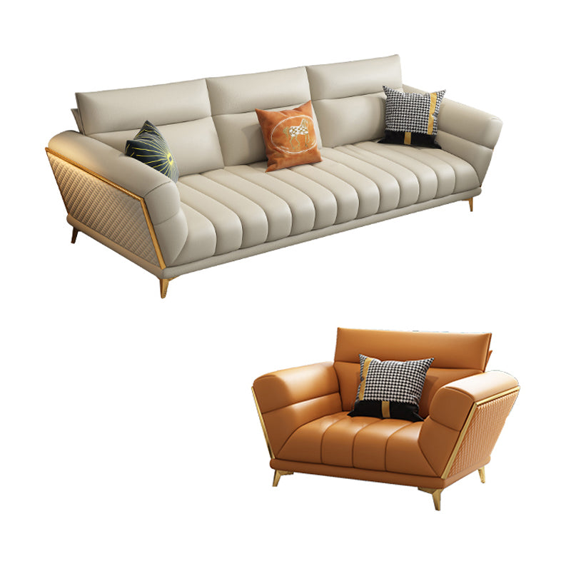 Solid Wood Glam Genuine Leather Flared Arm Sofa with Pillows