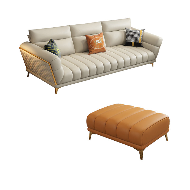 Solid Wood Glam Genuine Leather Flared Arm Sofa with Pillows