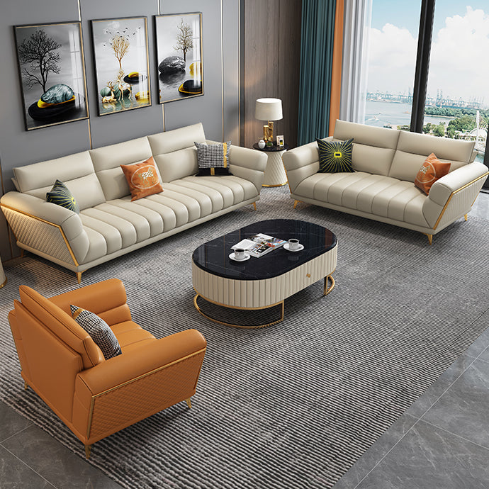 Solid Wood Glam Genuine Leather Flared Arm Sofa with Pillows