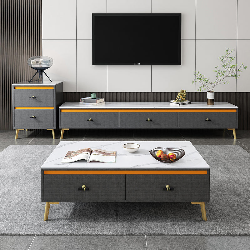 Contemporary Rectangle Stone Cocktail Table Slate with 4 Drawers