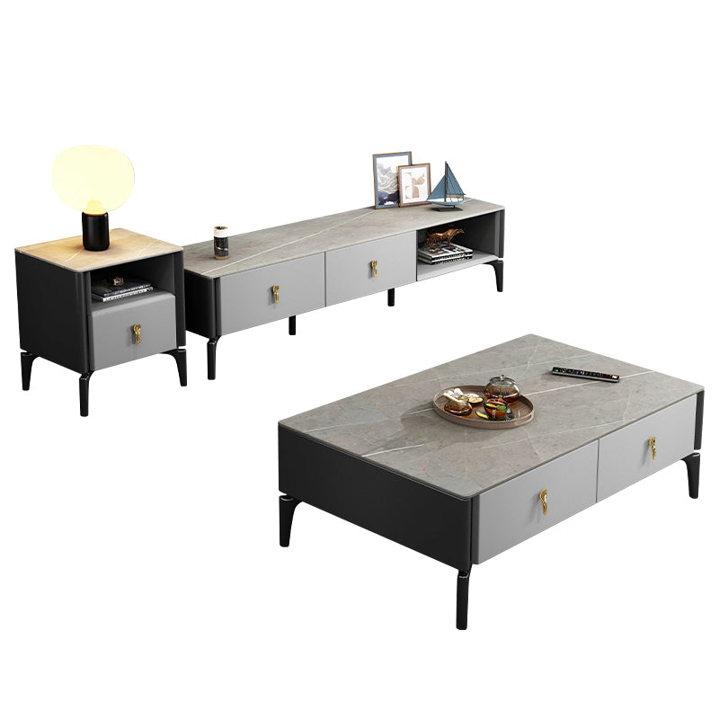 Contemporary Cocktail Table White 4 Legs Stone Top Coffee Table