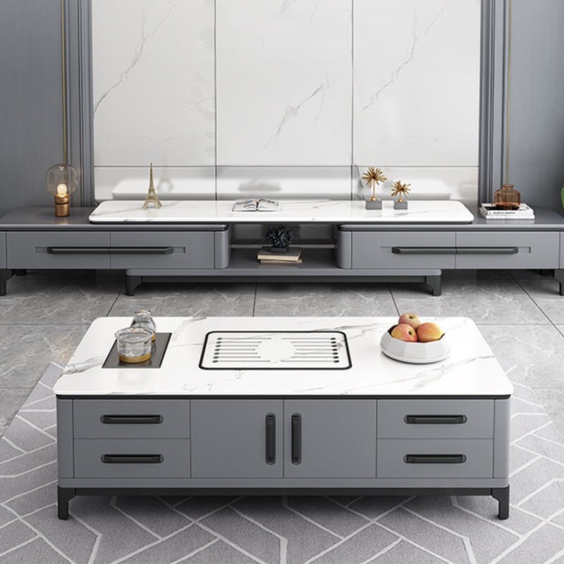 Contemporary Cocktail Table Stone Rectangle Top 4 Legs with 8 Drawers