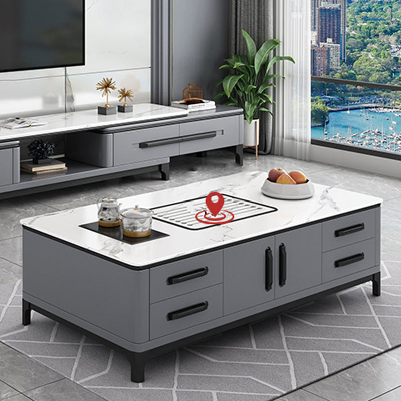 Contemporary Cocktail Table Stone Rectangle Top 4 Legs with 8 Drawers