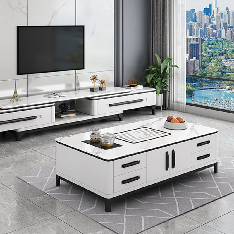 Contemporary Cocktail Table Stone Rectangle Top 4 Legs with 8 Drawers