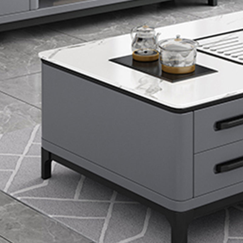 Contemporary Cocktail Table Stone Rectangle Top 4 Legs with 8 Drawers