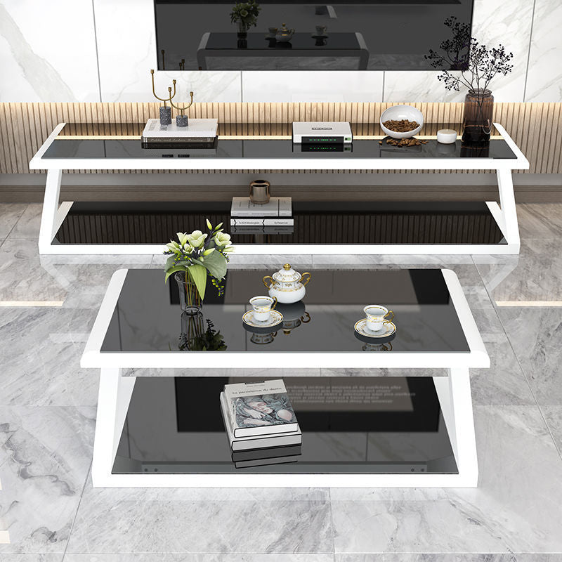 Metal Sled Coffee Table Contemporary Glass Top with Storage Shelf