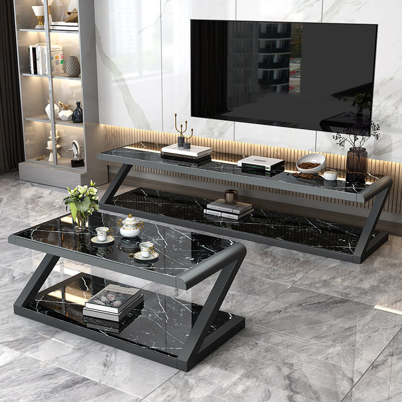 Metal Sled Coffee Table Contemporary Glass Top with Storage Shelf