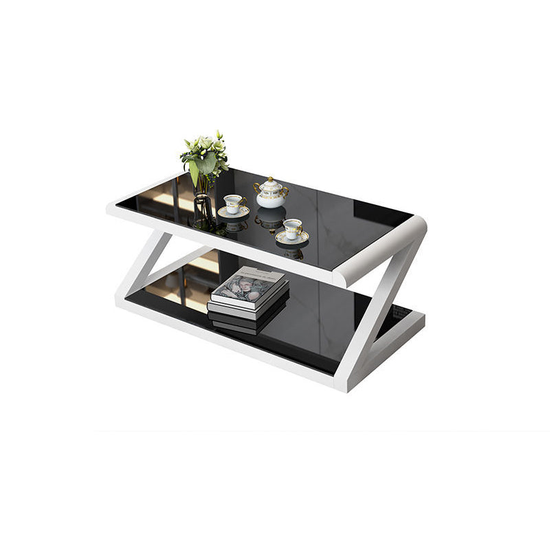 Metal Sled Coffee Table Contemporary Glass Top with Storage Shelf