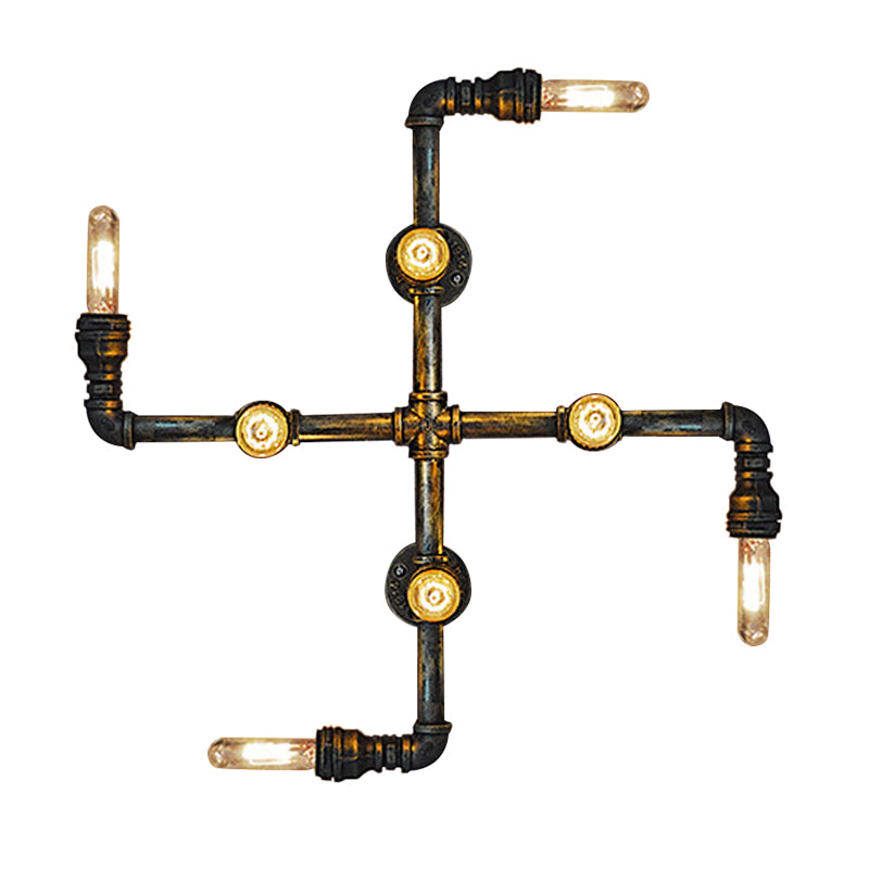 Industrielle verdrehte Rohrwandlampe mit offener Glühbirne 8-Licht-Metallic Leuchten in antikem Messing