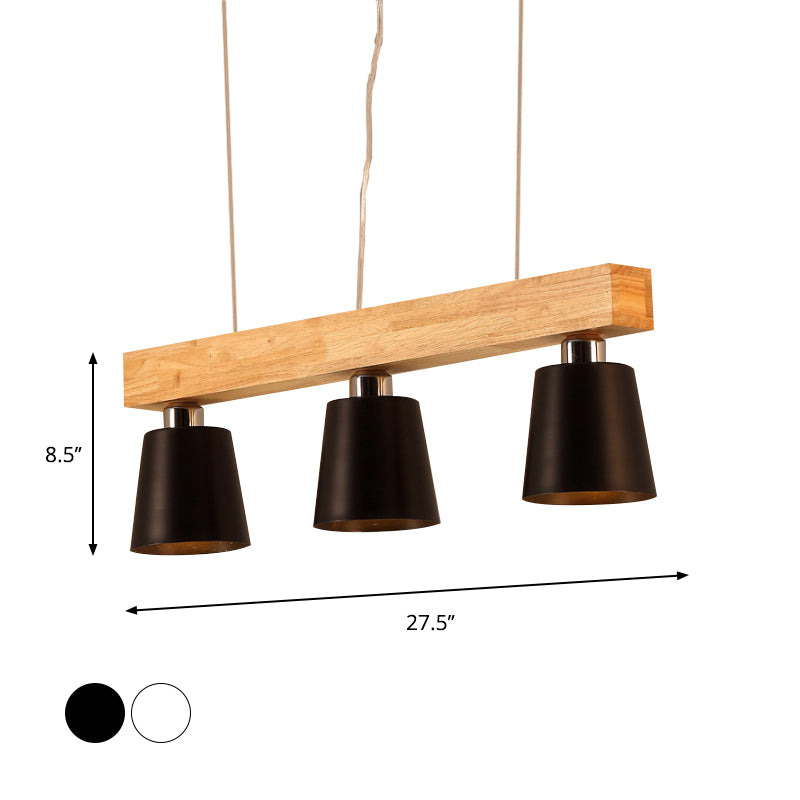 Tapered Indoor Hanging Ceiling Light Modern Metal 3 Heads Black/White Island Lighting with Wooden Beam