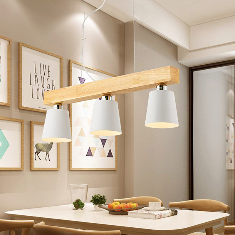 Tapered Indoor Hanging Ceiling Light Modern Metal 3 Heads Black/White Island Lighting with Wooden Beam