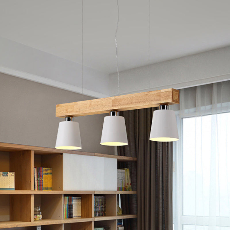 Tapered Indoor Hanging Ceiling Light Modern Metal 3 Heads Black/White Island Lighting with Wooden Beam