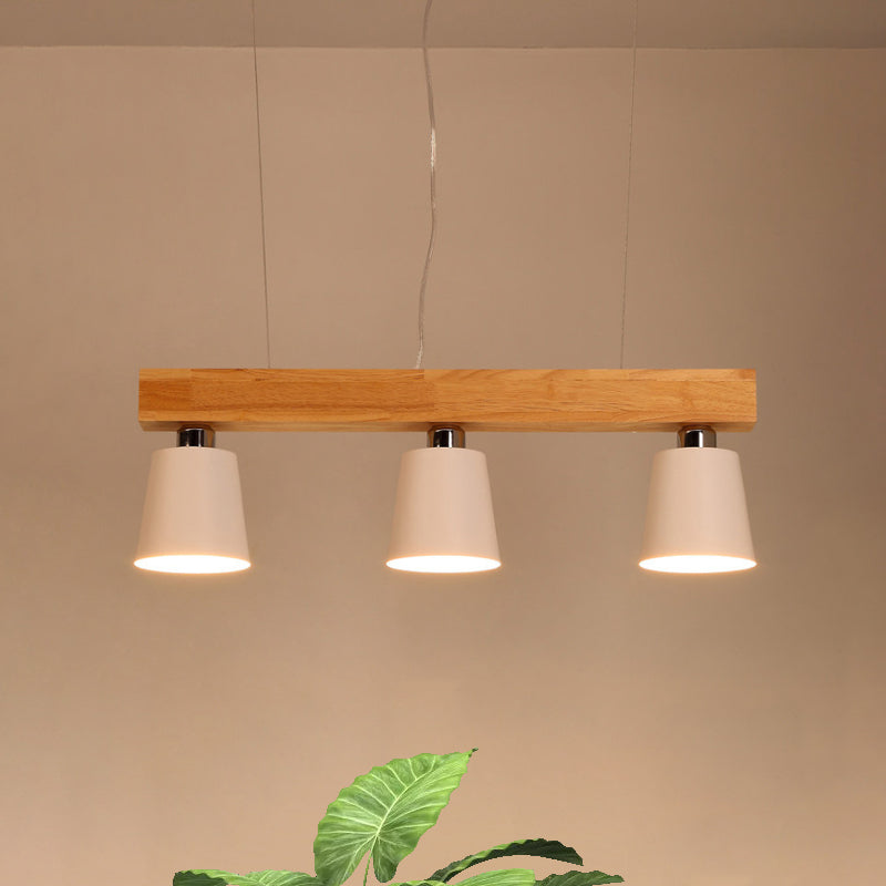 Tapered Indoor Hanging Ceiling Light Modern Metal 3 Heads Black/White Island Lighting with Wooden Beam