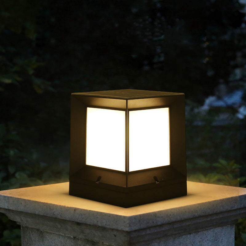 Contemporary Rectangular Outdoor Solar Pillar Lamp in Black for Courtyard
