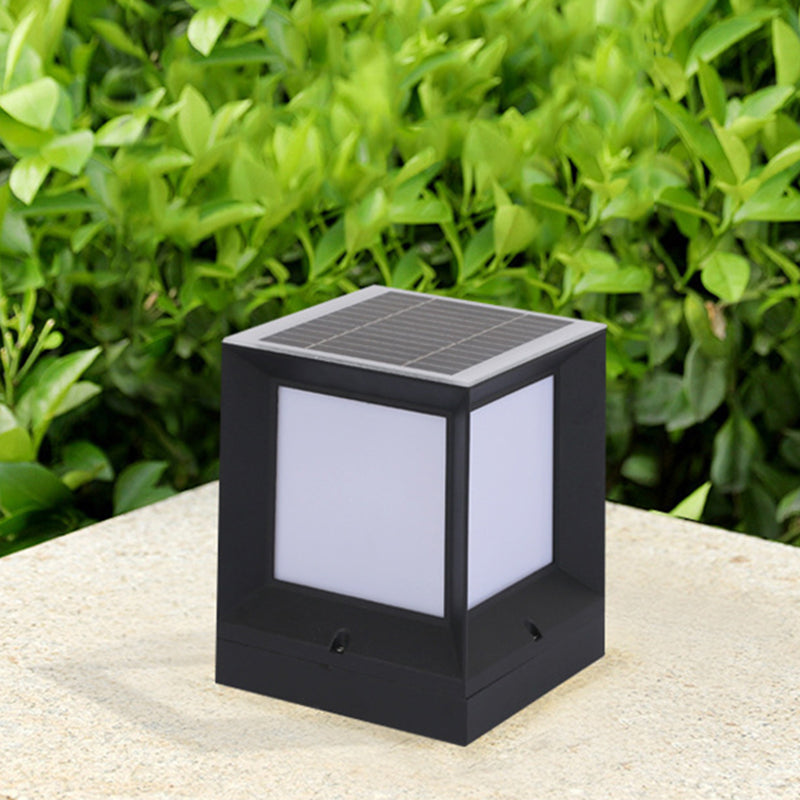Contemporary Rectangular Outdoor Solar Pillar Lamp in Black for Courtyard