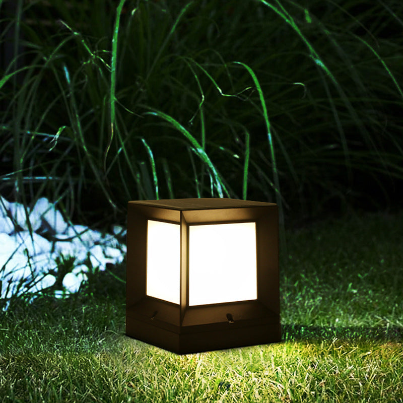 Contemporary Rectangular Outdoor Solar Pillar Lamp in Black for Courtyard