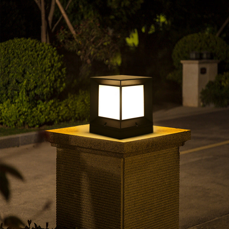 Contemporary Rectangular Outdoor Solar Pillar Lamp in Black for Courtyard