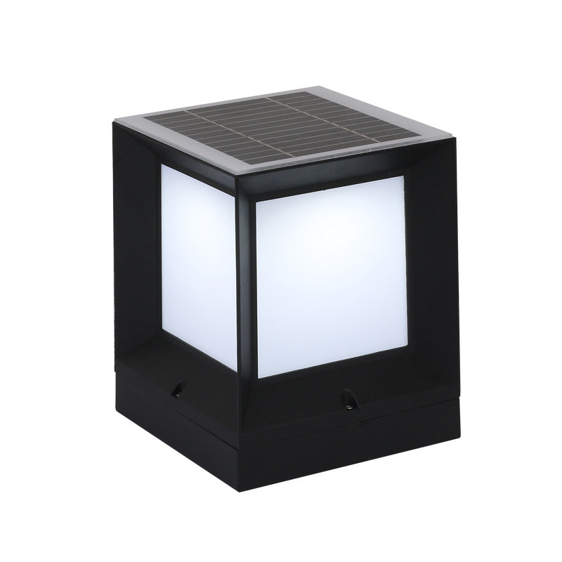 Contemporary Rectangular Outdoor Solar Pillar Lamp in Black for Courtyard