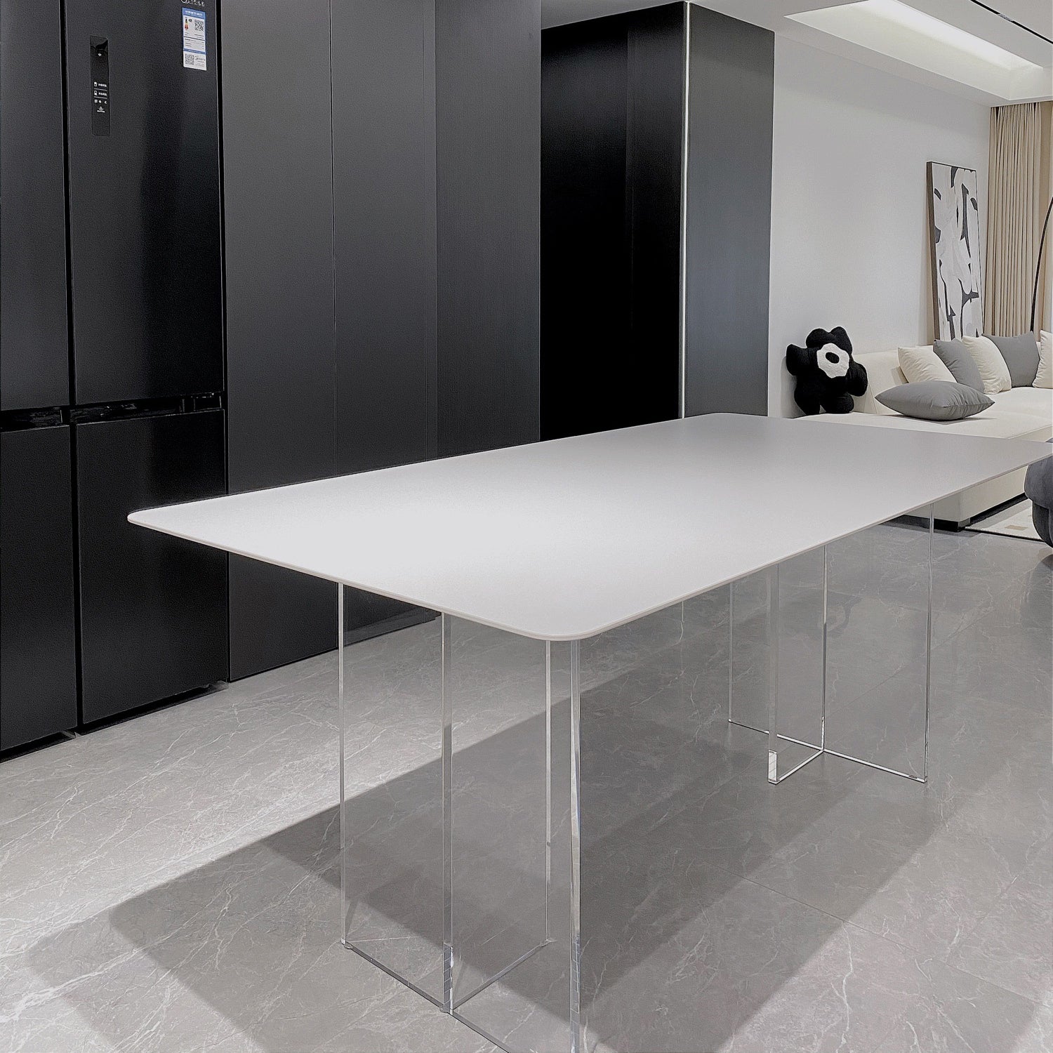 Contemporary White Rectangular Stone Dining Table with Acrylic Base