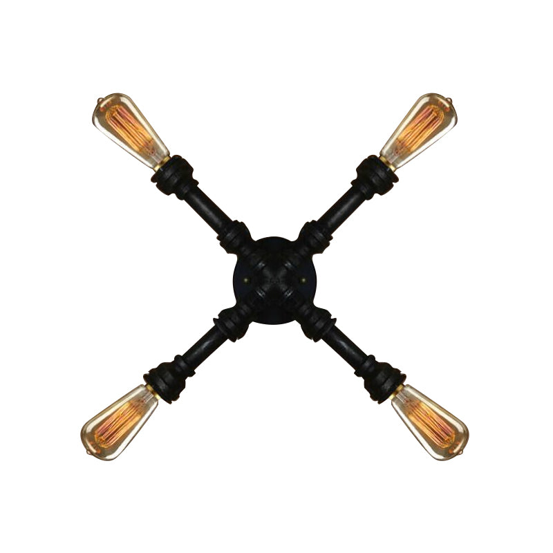 4 Lampen x -förmige Wandbeleuchtung mit Wasserrohr industriell schwarzes Finish Schmiedeeisenleuchte