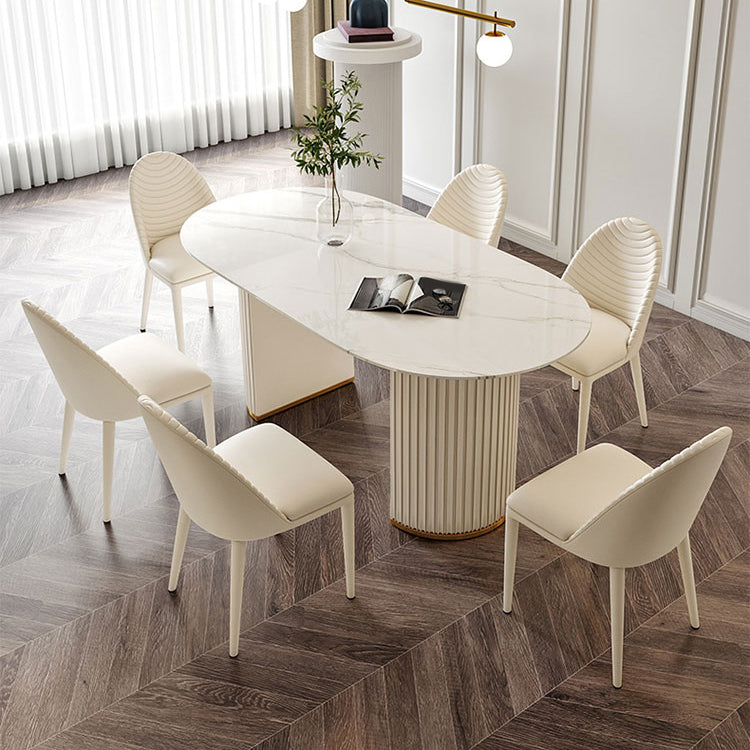 Linen White Finish Modern Oval Stone Top Dining Table with Double Pedestal Base