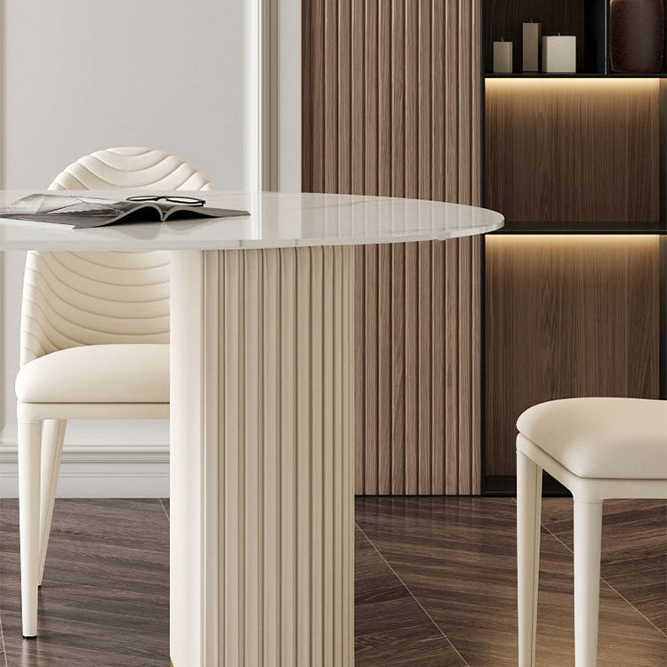Linen White Finish Modern Oval Stone Top Dining Table with Double Pedestal Base