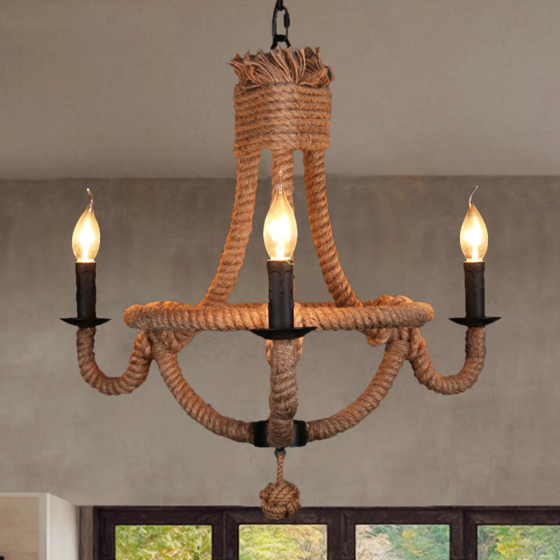 3 lumières Cougie Chandelier Light Country Style Black Metal Plafond Pendant Light avec corde Détail