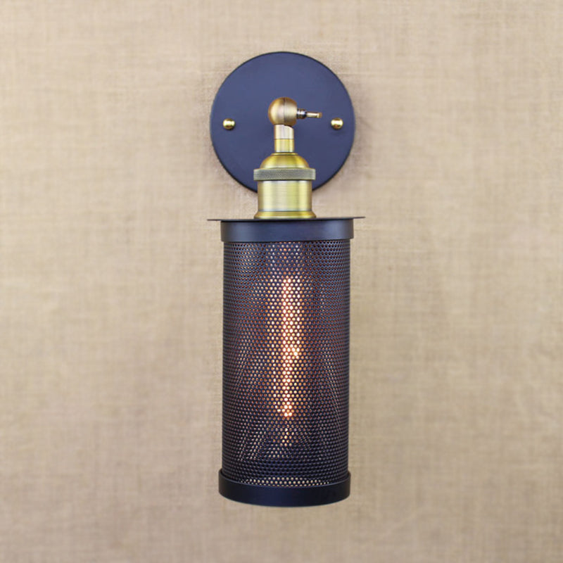 Cylindrical Mesh Metal Shade Wall Lighting Farmhouse 1 Light Corridor Wall Sconce Lamp in Black/Brass