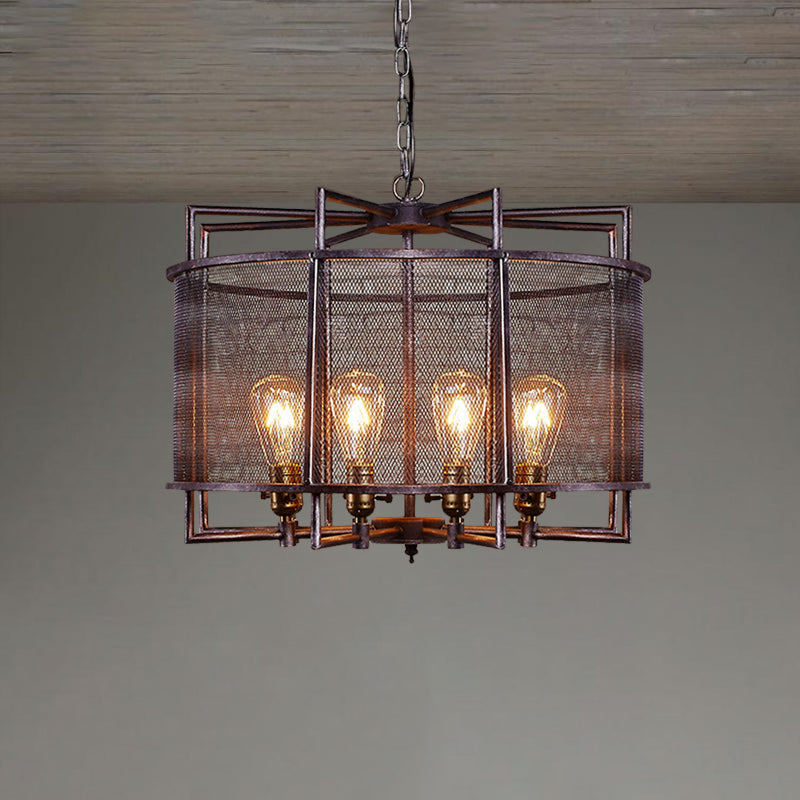 Metal Mesh Drum Chandelier Lighting Rustic Loft Multi Light Farmhouse Hanging Lamp in Rust