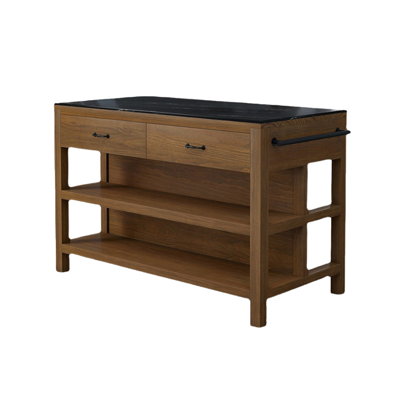 Brown Rectangular Kitchen Island Table with Solid Wood Open Storage
