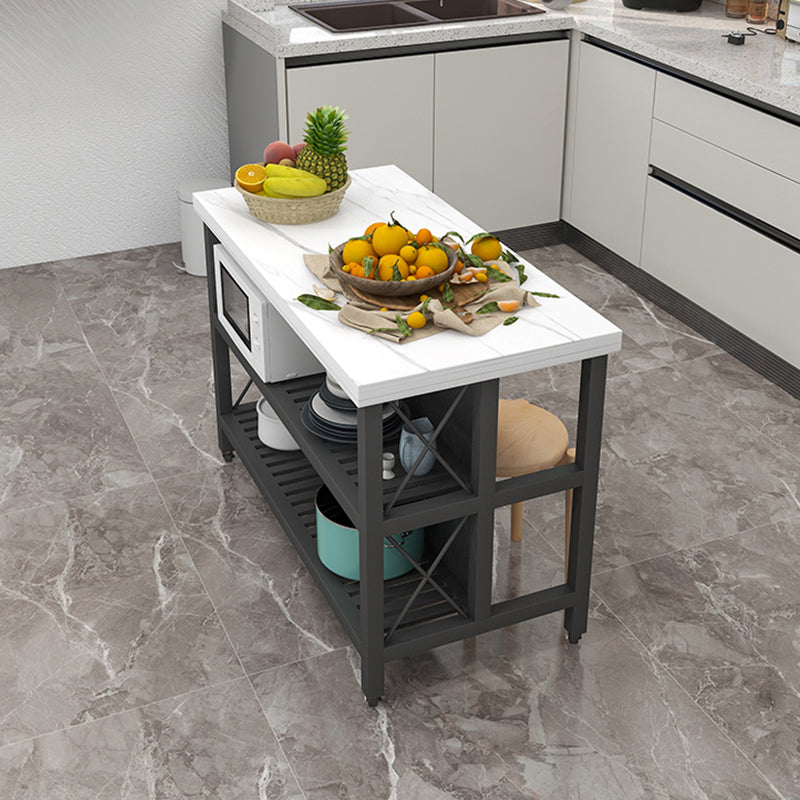 White Faux Marble Rectangle Kitchen Island Cart with Open Storage