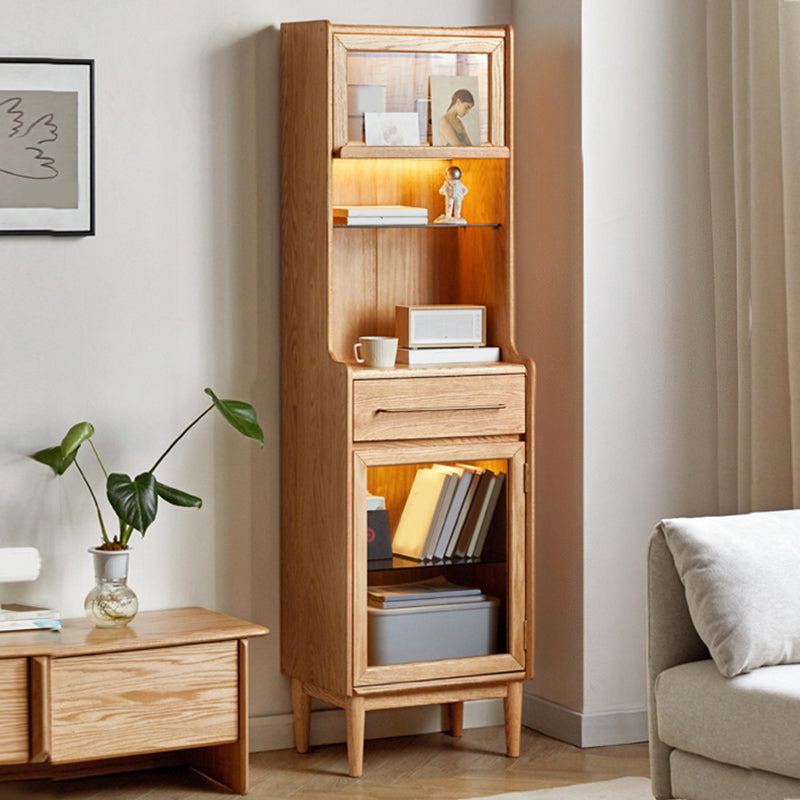 Modern Living Room Curio Cabinet Solid Wood Glass Doors with Drawer