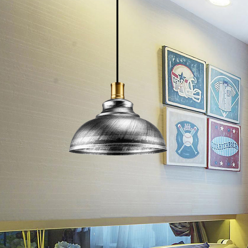 Wrought Iron Dome Suspended Lamp Antique Style 12"/14" W 1 Head Restaurant Hanging Light in Silver/Bronze/Rust