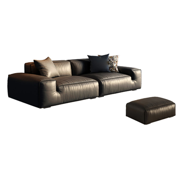 Contemporary Stain Resistant Genuine Leather Square Arm Sofa in Black